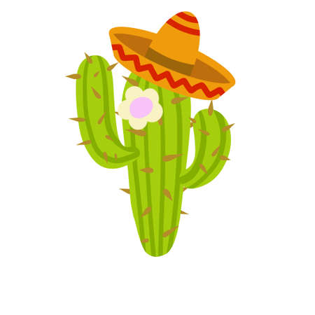 Cactus in a Mexican hat. A desert plant. Green succulent. Element of the southern tropical summer landscape. Flat cartoon illustrationのイラスト素材