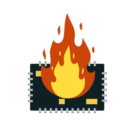 Computer chip. Fire and broken Digital chip. Burning Electronic part of the Board. Modern technology and processor. Flat cartoon illustrationのイラスト素材