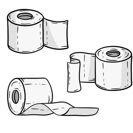 Set of toilet paper rolls in different positions. Toilet and bathroom element. Hygiene and sanitation. Cartoon drawn illustrationのイラスト素材