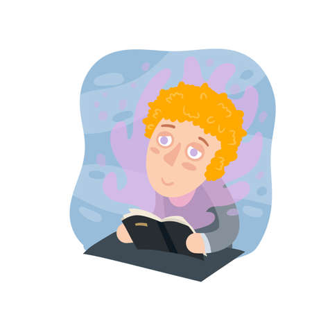 Boy read book at school. Red funny kid. Children drawing. Passion for storyline and fantasy. Concept of fairytale storytelling. Cartoon flat illustrationのイラスト素材