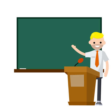 School teacher stand near blackboard. Lecturer in College in classroom. Clean chalkboard for chalk text. man in suit. Cartoon flat illustration. Podium for speech. Profession at Universityのイラスト素材