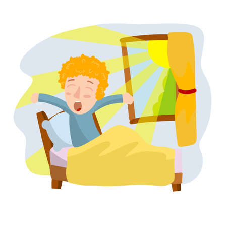 Boy woke up in bed. Child in pajamas yawns. Morning, sleep and Wake.のイラスト素材