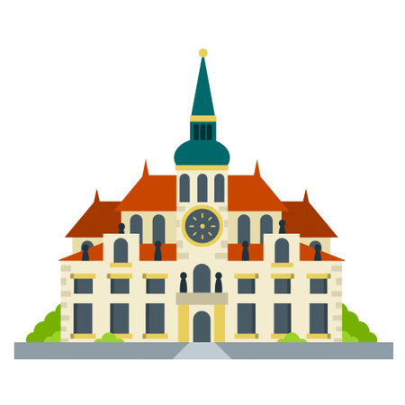 Palace and residence. European architecture. Old town. Beautiful house and building. The Baroque style. Towers and walls. Tourist attraction. Flat cartoonのイラスト素材