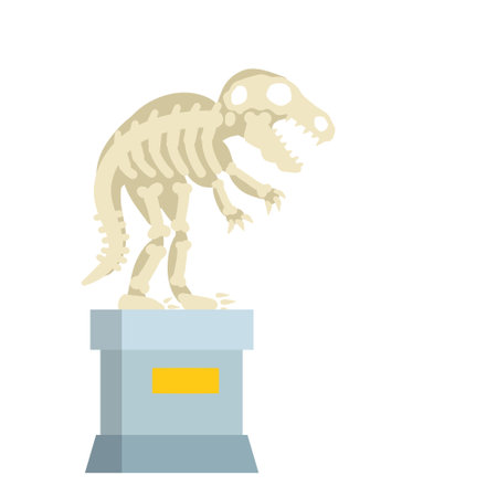 Dinosaur skeleton. Bones of a prehistoric lizard. Museum exhibit. Statue on a pedestal. Exhibition in the historical hall. Cartoon flat illustrationのイラスト素材