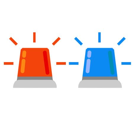 Flashing light of signal of car. Alarm and alert. Red and blue lantern. Symbol of the police. Flat cartoon illustrationのイラスト素材