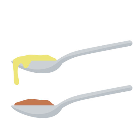 Spoon with food. Set Of elements of the kitchen and dining room. Teaspoon with soup pudding and porridge. Cartoon flat illustrationのイラスト素材