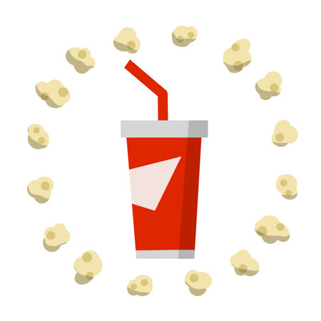 Soda. Corn food and red packaging. Funny icon. A glass with a straw. Movie theater Snack kitのイラスト素材