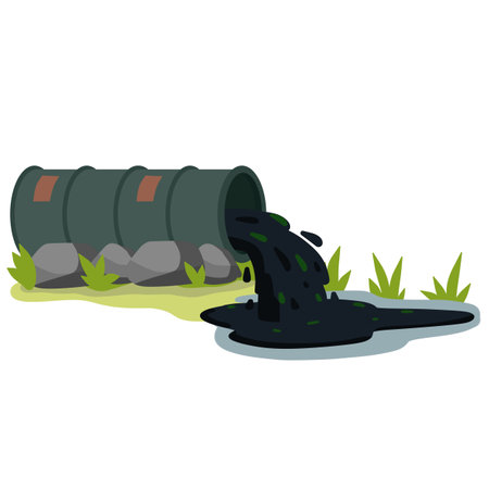 Pipe with oil. Discharge of chemical waste into river and reservoir. Problem of city ecology.Extraction and pumping of fossil fuels. Heavy industry. Pipeline with petroleum.のイラスト素材