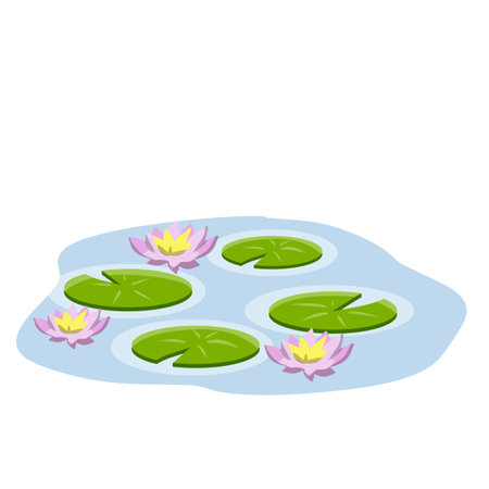 Nenuphars. Water lily. Plant on lake and pond. Big green leaf. Element of nature, forest and wild life. Swamp Pink flowers. Flat cartoonのイラスト素材