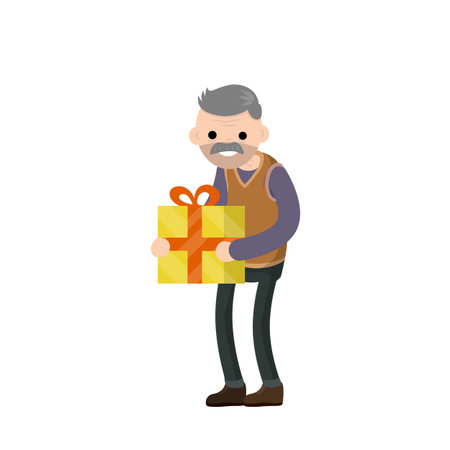 Grandpa is holding gift box. Congratulations to family on holiday. Grandfather day. Happy Old man. Senior birthday. Cartoon flat illustrationのイラスト素材