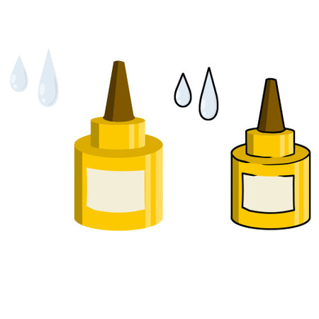 Bottle of glue. Adhesive substance. Sticky drop. A tool for creative work. Yellow label. Set of Flat cartoon illustrationのイラスト素材