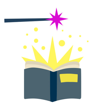 Open book. Blue cover. Magic of Reading and imagination. Magical narratives and fairy tales. Witchcraft, wand and children illustration. Flat cartoonのイラスト素材
