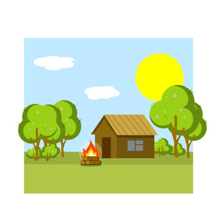 Cartoon flat illustration - Summer landscape with wooden countryside house, tree, fire.のイラスト素材