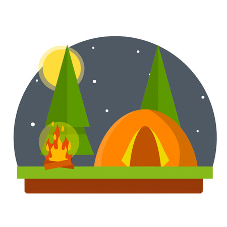 Orange tent in the woods. Trip to nature. Outdoor activity. Camp and hike. Trees and night with moon. campfire and rest in forest.のイラスト素材
