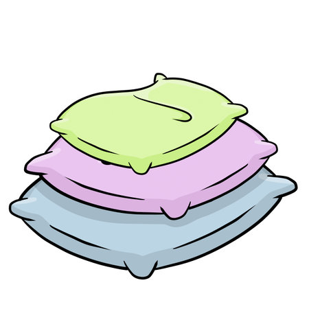 Set of pillows. Large and small object. Cartoon flat illustration. Soft colored cushions in blue and pink. Element of bedroom and bed for sleepのイラスト素材