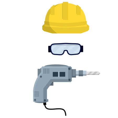 Clothing and tools the worker and the Builder. Yellow uniform, gloves, drill, goggles and helmet. industrial safety. Kit items and objects. Type of profession. Cartoon flat illustrationのイラスト素材