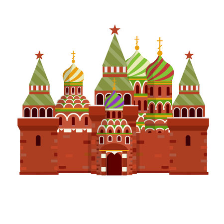 Orthodox Church. Monastery and Cathedral. Element of red square in Moscow Kremlin. Cartoon flat illustration. Prayer and Christian Greek and Russian faith. Eastern religious temple with bell towerのイラスト素材