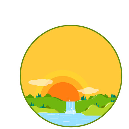 Natural landscape in circle. Waterfall and pond with green hill and forest. Summer view. Place for tourist recreation. Cartoon flat illustration. Orange sky morning and evening.のイラスト素材