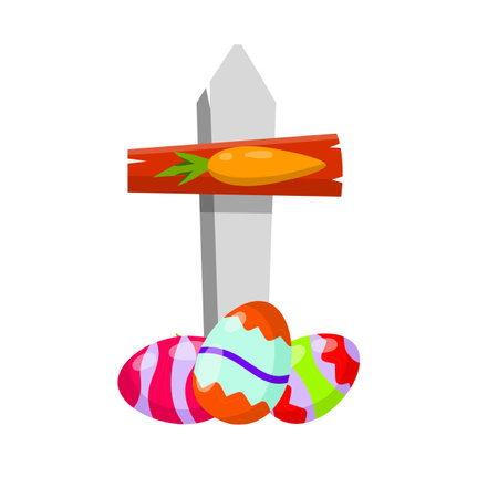 Celebration of Easter. Set of Colored painted eggs and carrot. Christian holiday. Plate for finding objects. Sign pointer to route. Element of child game. Cartoon flat illustrationのイラスト素材