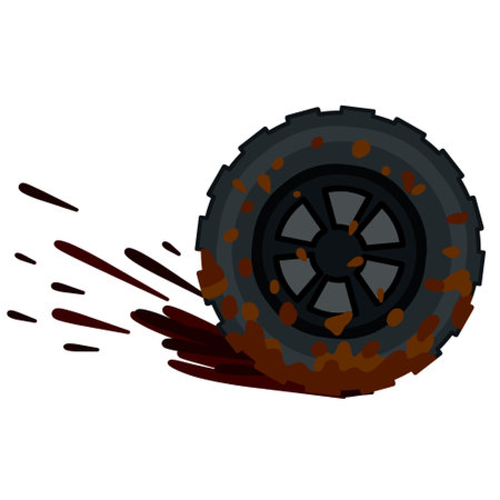 Dirty wheel of the truck. Off-road driving. ground on tire. Garbage and dirt. Cartoon flat illustration. Car wash symbolのイラスト素材