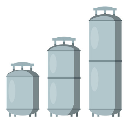 Boiler for heating water. Big and small gray tank. Sanitary engineering. Cartoon flat illustration. Element of house, bath and toilet system. Heat and gas supply. Gas cylinderのイラスト素材