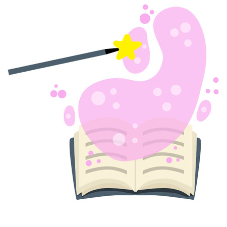Open book. Blue cover. Magic of Reading and imagination. Magical narratives and fairy tales. Witchcraft, wand and children illustration. Flat cartoonのイラスト素材