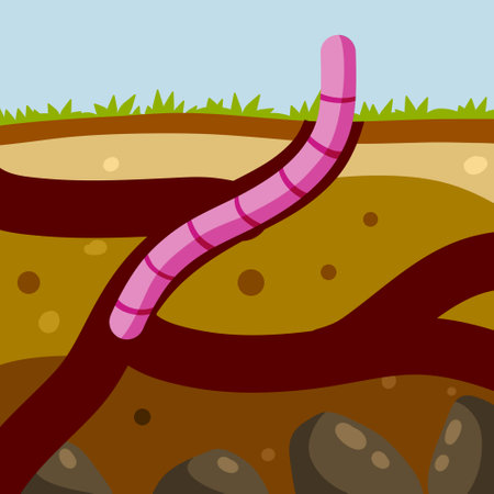 Worm in the ground. Burrows and passages. Nature and the insect. Soil in the section. Flat cartoon illustrationのイラスト素材