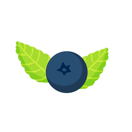 Blueberries. Black berry with green leaves. Sweet ingredient. Natural food. Flat cartoon illustrationのイラスト素材