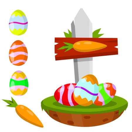 Celebration of Easter. Set of Colored painted eggs and carrot. Element of child game. Cartoon flat illustration. Plate for finding objects. Sign pointer to route. Christian holidayのイラスト素材
