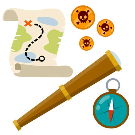Set of pirate. Treasure map and gold coins. Treasure and a telescope. Compass for navigation. Search for adventure and travel. Flat cartoon illustration isolated on whiteのイラスト素材