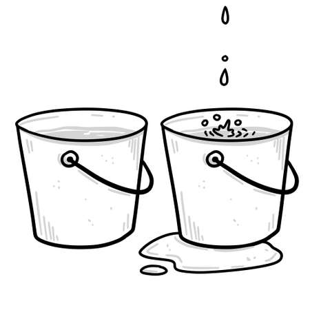 Bucket. Drops of water and a leak. Full pail. Sketch dooodle illustrationのイラスト素材