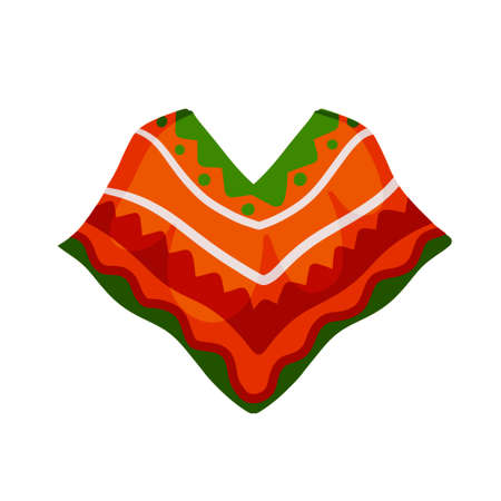 Poncho. Red and orange Mexican Cape. The national dress with pattern. Ethnic culture of South America. Flat cartoon illustrationのイラスト素材