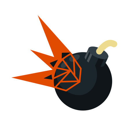 Flat black round bomb isolated on white. Army weapon and ammunition armament. Explosive dynamite....