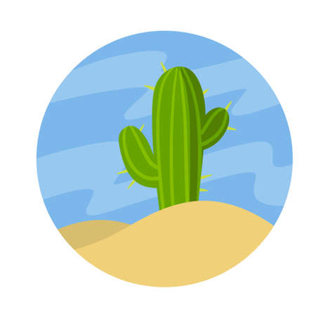 Cactus in the desert. Big Mexican plant. Green succulent. Element of the southern tropical summer landscape. Flat cartoon illustrationのイラスト素材