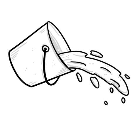 Water is poured out of bucket. Inverted pail with liquid and splashes with drops. Sketch cartoon illustrationのイラスト素材