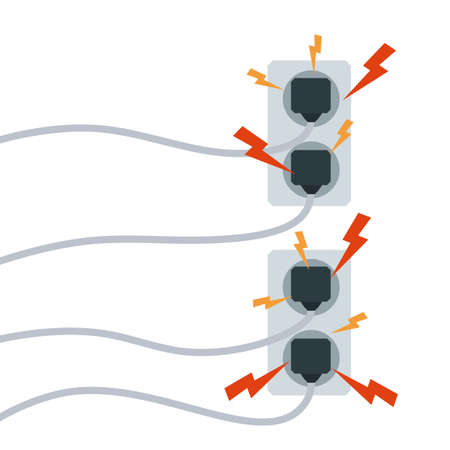 Electrical circuit. Shock, red lightning and yellow sparks from the outlet. Connector and plug. System overload. The problem with the appliance. Fire situation with smoke and safety.のイラスト素材
