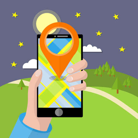 Hand with phone with Navigator app. Search route in nature. Hills and starry night. Hiking and outdoor activities. Cartoon flat illustration.のイラスト素材
