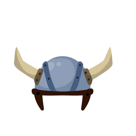 Horned helmet of Viking. Armor of Scandinavian barbarian. Protecting the soldier head. Medieval object. Flat cartoon illustrationのイラスト素材