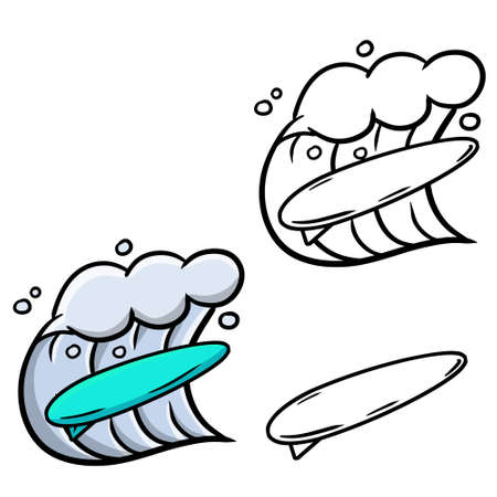 Big wave and surfing. Surfboard in the sea. Extreme sports. Blue water with foam. Summer holiday. Set of cartoon illustrationのイラスト素材