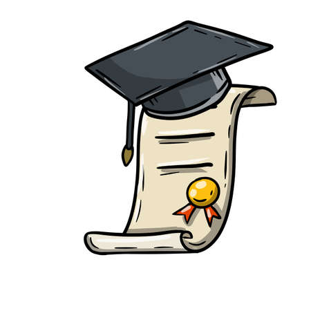 Training and education. Graduation at school. The end of course. Student cap. Diploma and certificate. Cartoon drawn illustrationのイラスト素材