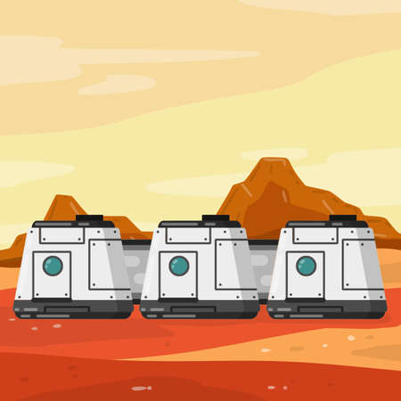 Marisan module of Spacecraft and living quarters. Space flight and modern colonization technologies. Colony base of astronaut on Mars. Flat cartoon. Future and scienceのイラスト素材