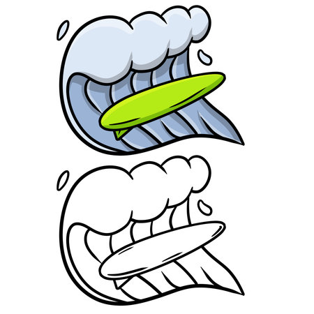 Big wave and surfing. Surfboard in the sea. Extreme sports. Blue water with foam. Summer holiday. Set of cartoon illustrationのイラスト素材