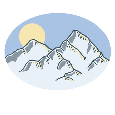 Mountains and natural landscape. Tourism in Northern country. Mountaineering and climbing. Snow on rocks, sun and sunrise. Blue sky and sun. Hand-drawn sketch cartoonのイラスト素材