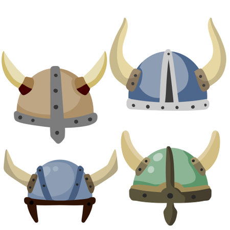 Horned helmet of Viking. Armor of Scandinavian barbarian. Protecting the soldier head. Medieval object. Flat cartoon illustrationのイラスト素材