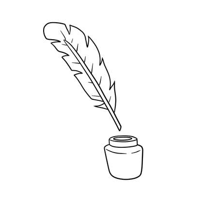 Quill pen and jar of ink. Vintage feather. The instrument of classical poet. Cartoon illustrationのイラスト素材