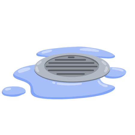 Drain in plumbing. Grid on floor. Element of water supply system. Blue puddle and drops of water. Bath and shower detail. Flat cartoon illustrationのイラスト素材