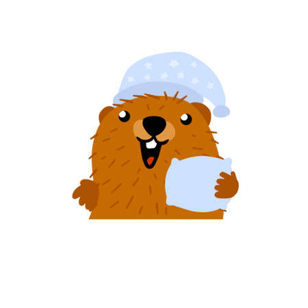 Groundhog Day. Cute marmot in sleep cap and pillow. Cute character of February holiday. Animals of the forest rodent with brown skinのイラスト素材