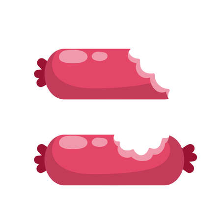 Bitten piece of sausage. Meat product. Food waste. Ingredient for a burger and sandwich. Flat cartoon illustrationのイラスト素材