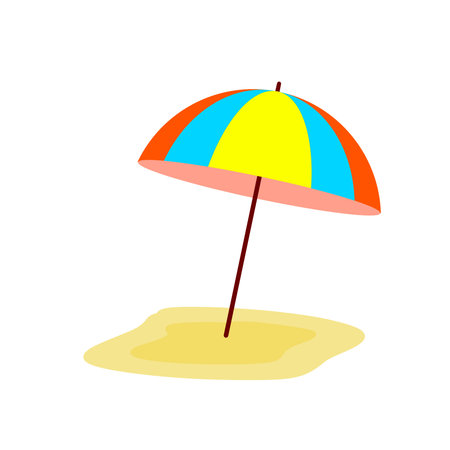 Beach umbrella. Color design. Summer accessory for sun protection on yellow sand. Flat cartoon illustration isolated on whiteのイラスト素材