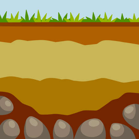 Layer of earth. The archaeological background. Soil in the section. Grass and underground rocks.のイラスト素材
